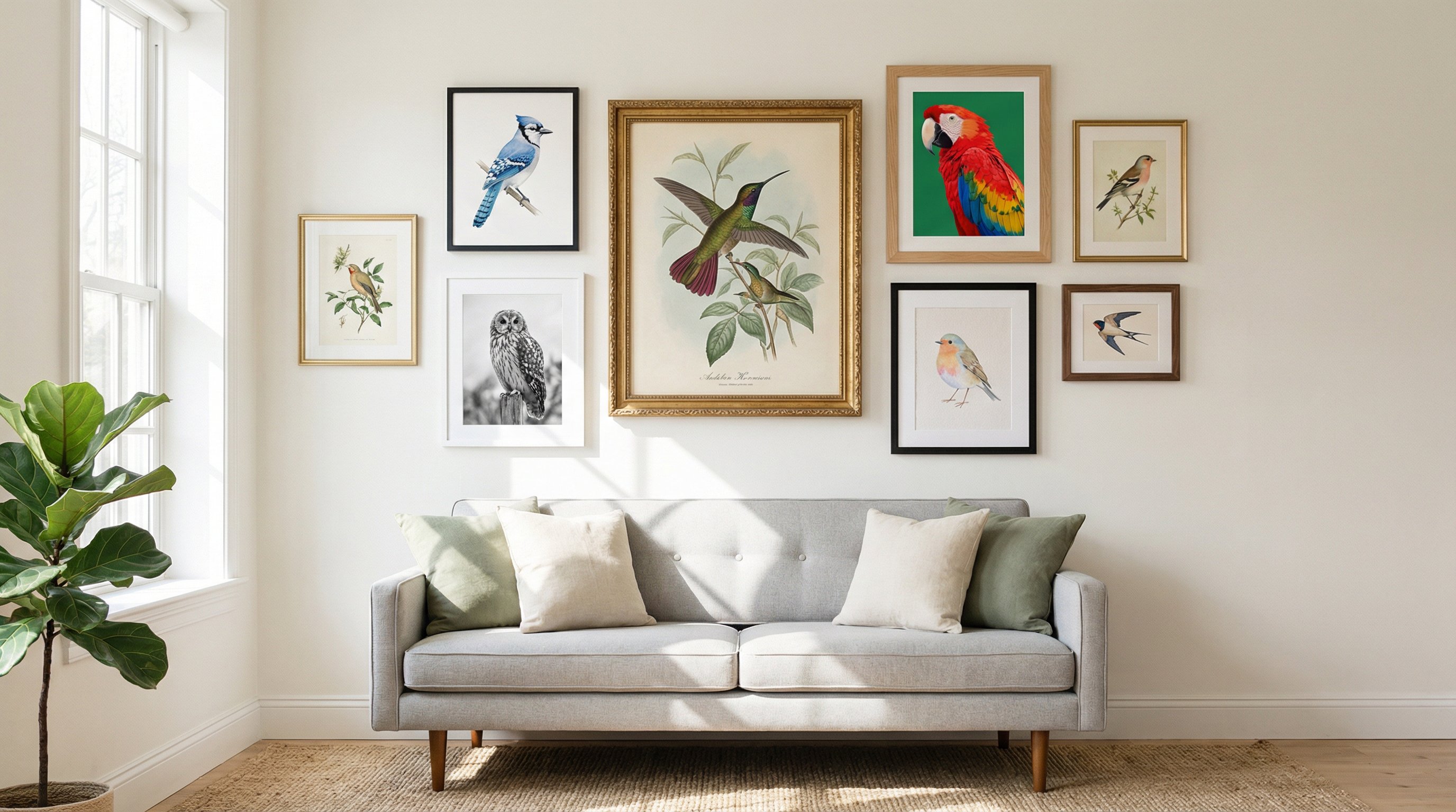 Gallery wall with various framed bird art prints above a modern sofa.