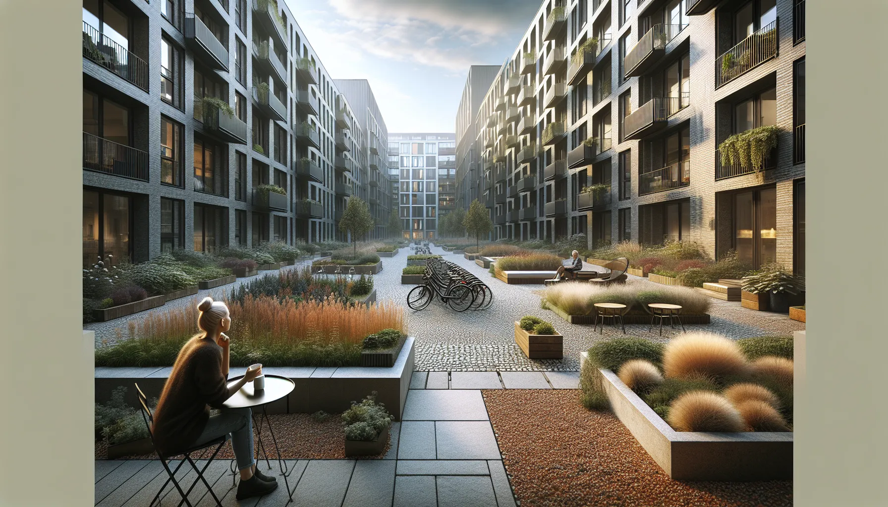 Stein i urbane uterom: praktiske og estetiske løsninger for byhager 2 Small norwegian urban garden with stone-paved zones, seating area, plants and bicycles.