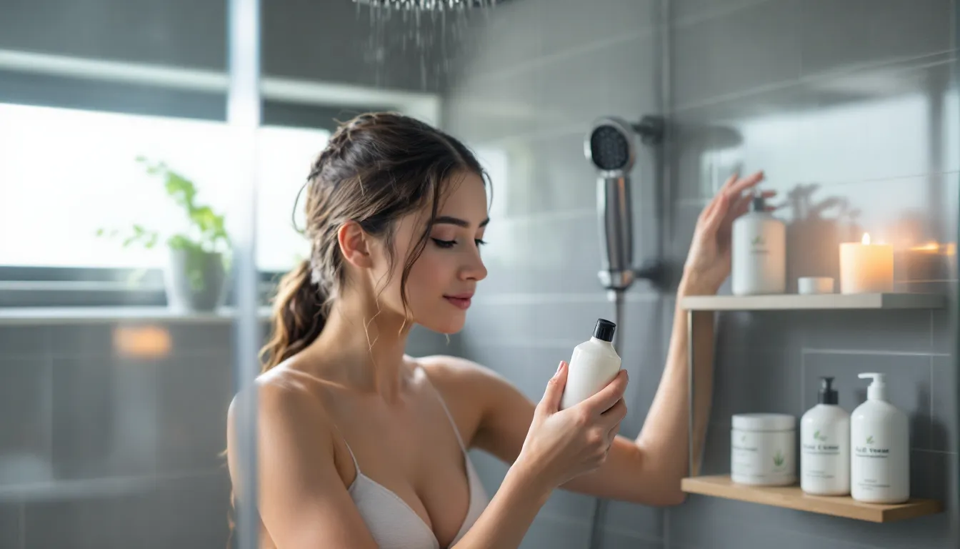 Woman adjusting shower temperature with hair clipped up, holding natural body wash.
