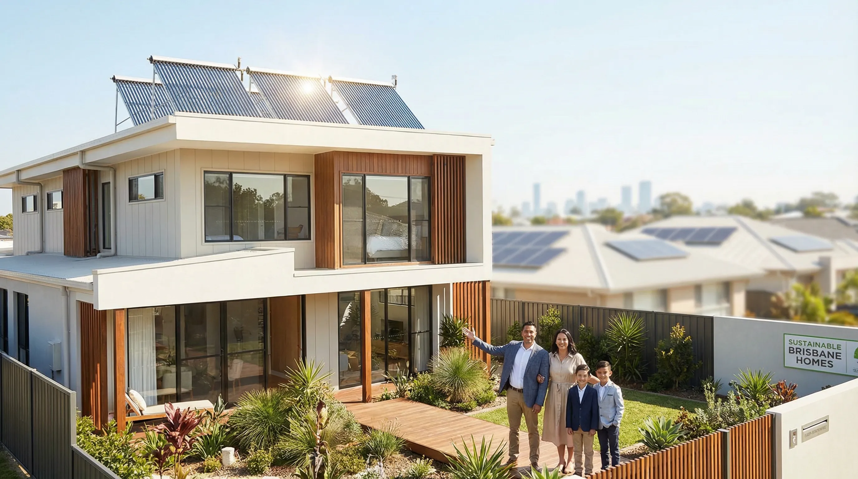 Brisbane family near home with solar hot water panels, promoting sustainability.