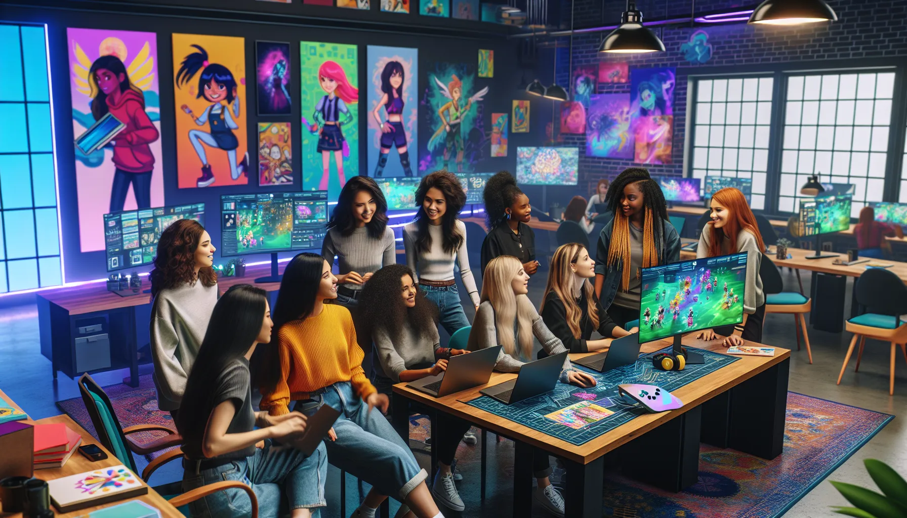 diverse group of young women collaborating on game design in a modern studio.
