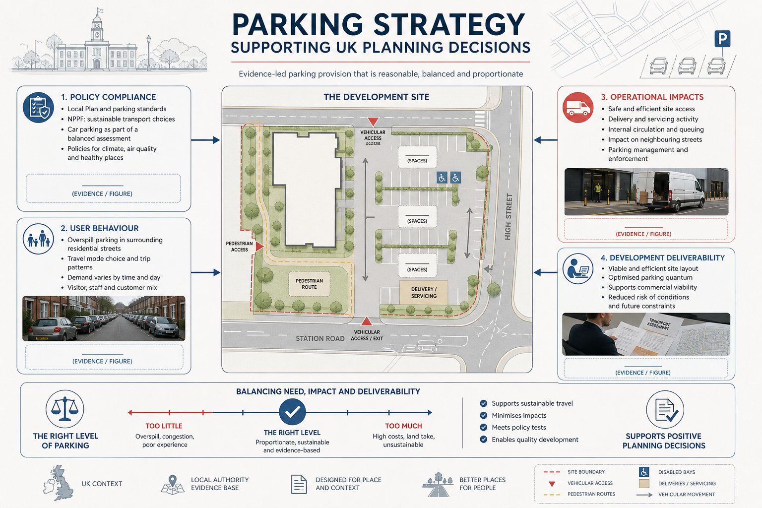 UK planning infographic showing parking strategy impacts on development decisions.