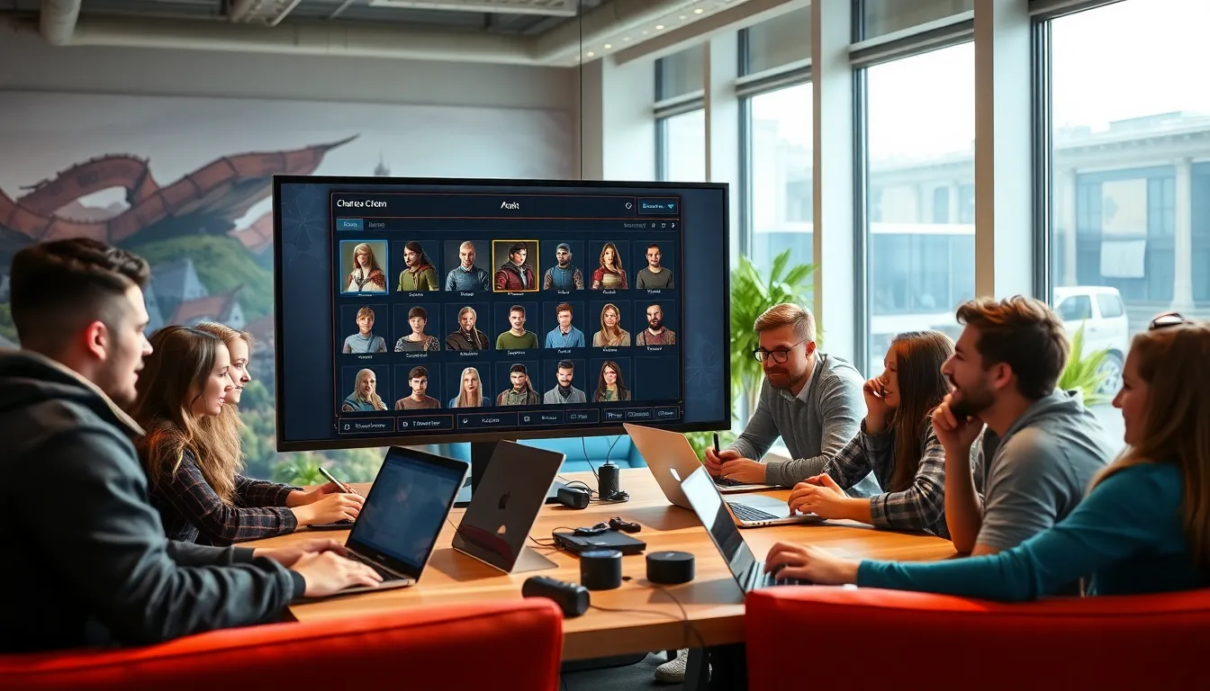 gamers using a character creation tool in a modern workspace.