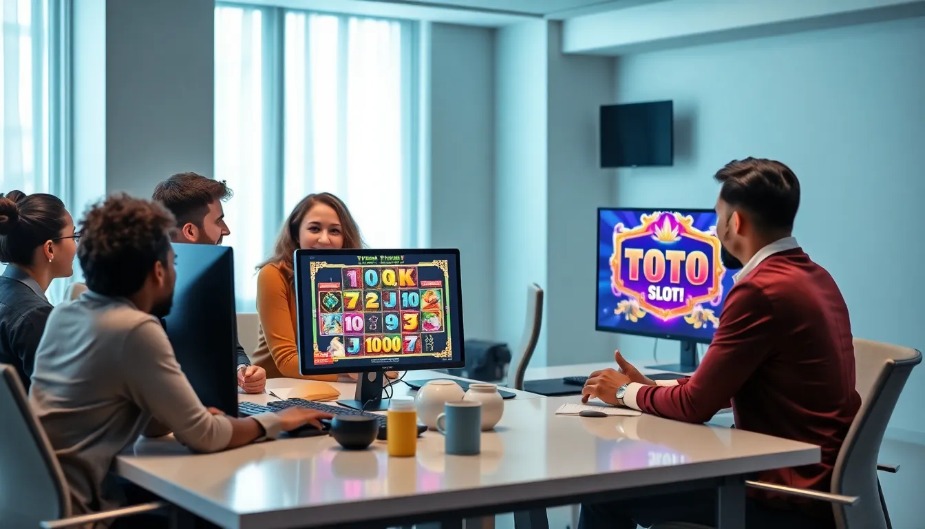diverse team discussing Toto Slots in a modern workspace.