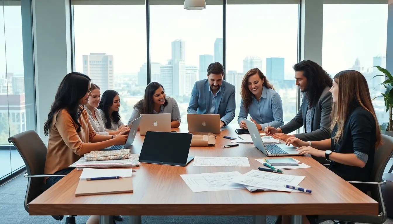 diverse team collaborating on interior design projects in a modern office.