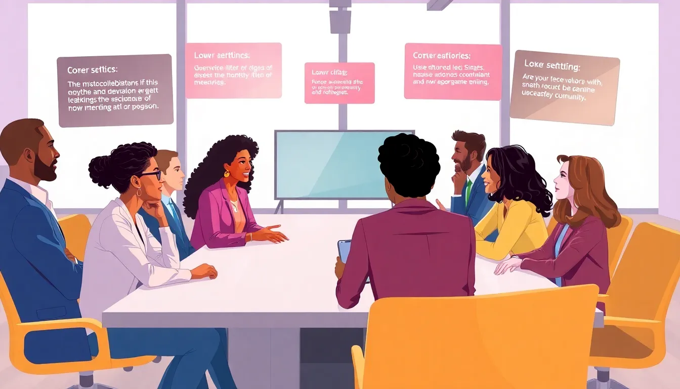 diverse group discussing ideas in a modern office setting.