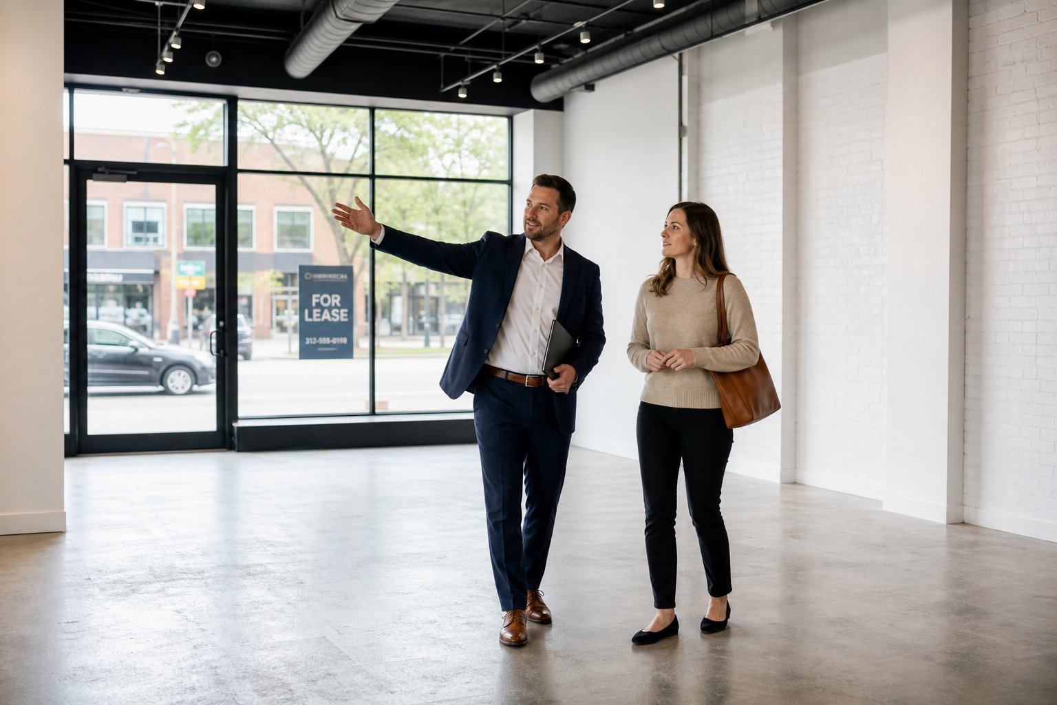 Commercial mortgage broker showing a client around an empty retail unit with large windows.