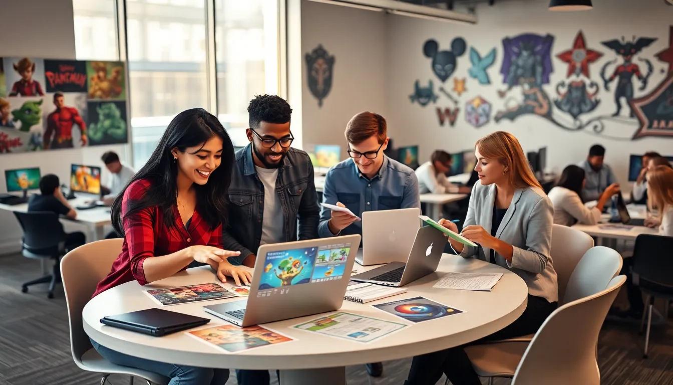 A diverse group brainstorming in a modern gaming office.