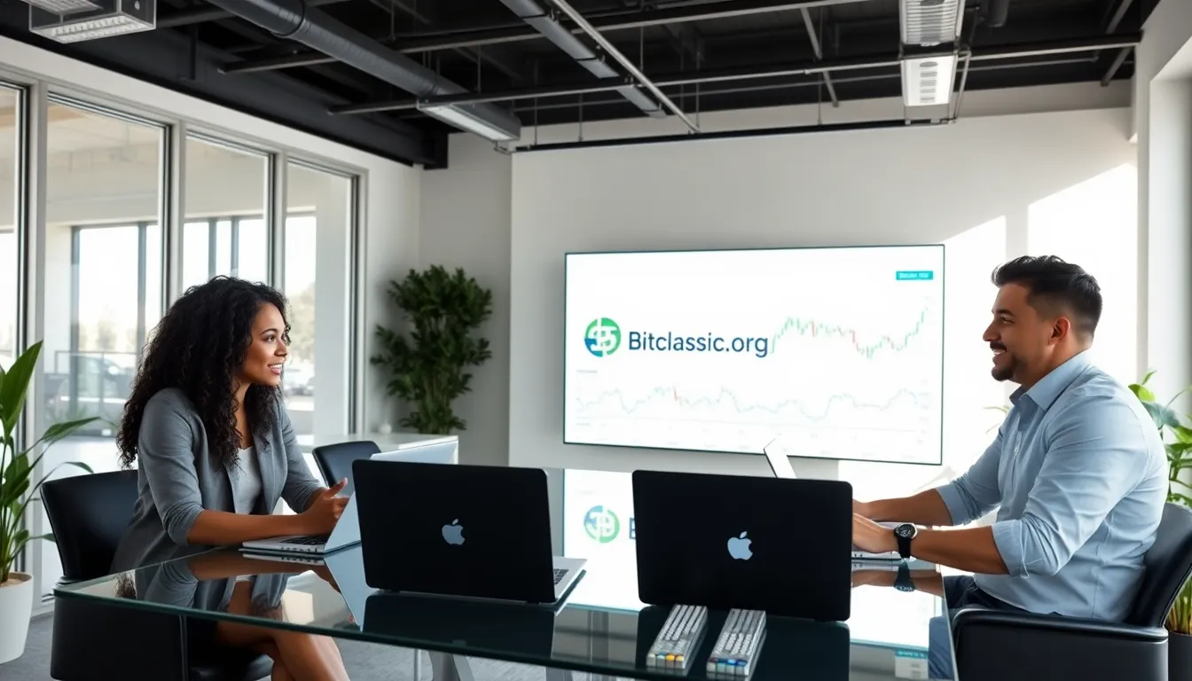 diverse professionals collaborating in a modern office on cryptocurrency trading.