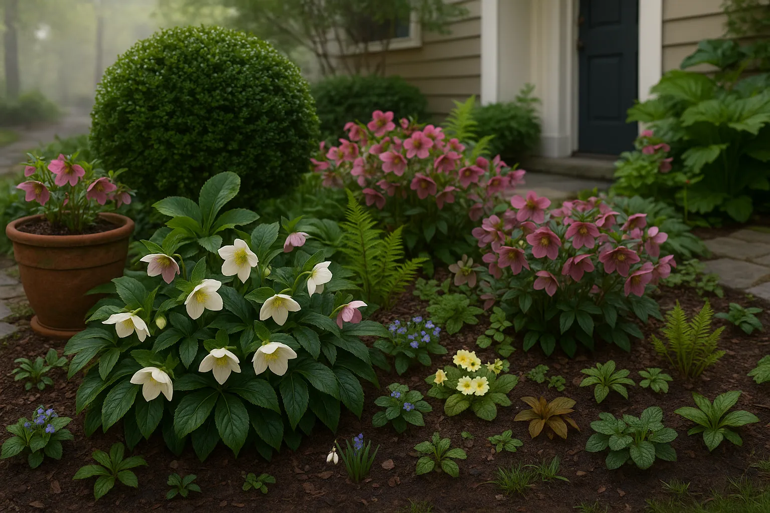 White H. niger and pastel H. × orientalis massed together with shade-loving companions.