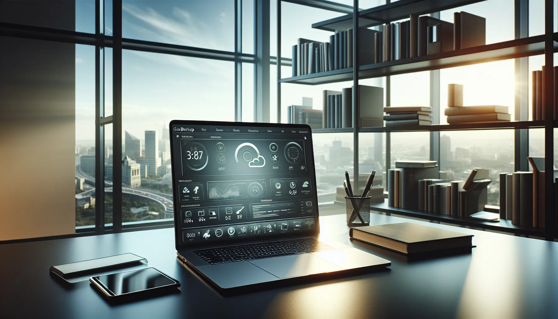 A laptop displaying cloud backup software on a modern desk in an office setting.
