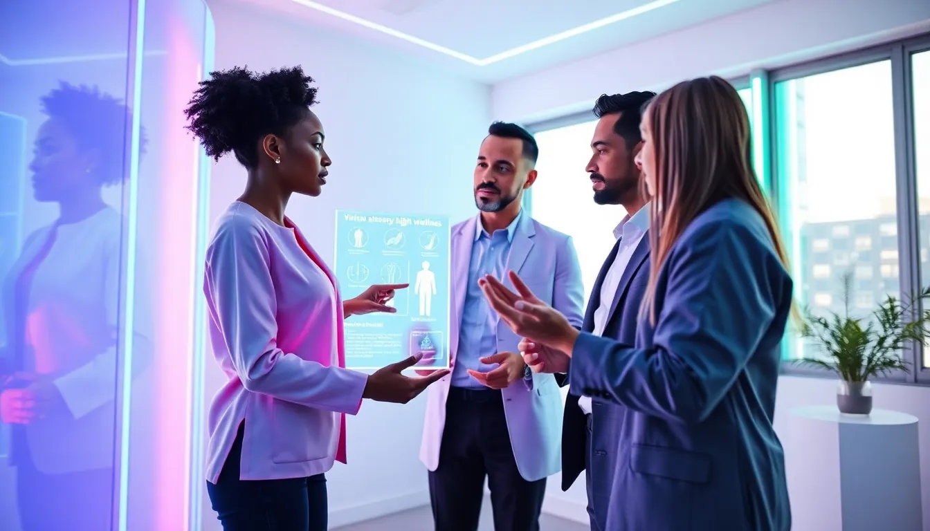 wellness professionals discussing virtual neon technology in a modern clinic.
