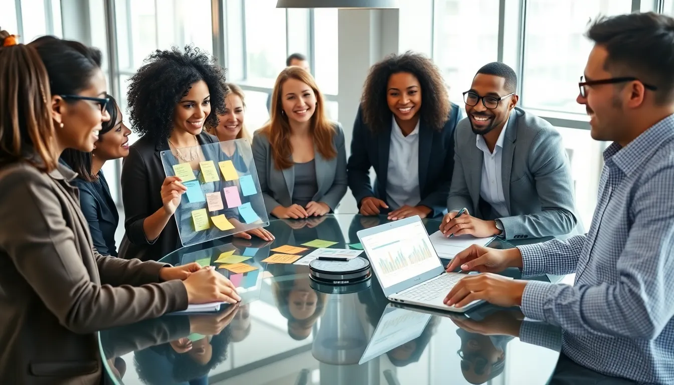 diverse team brainstorming ideas in a modern office setting.
