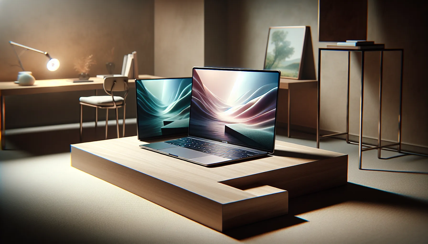 A professional workspace displaying MacBook Air and MacBook Pro laptops.