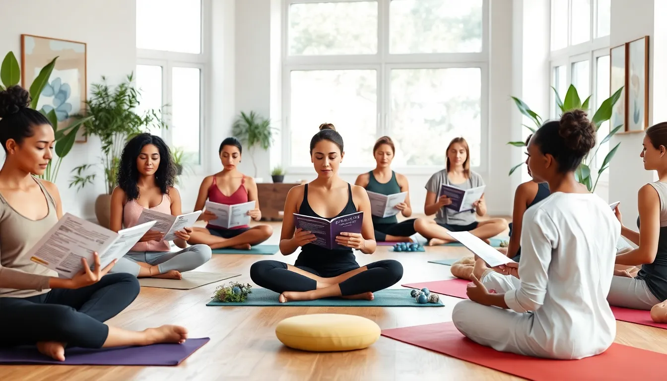 diverse individuals meditating with printed scripts in a tranquil setting.
