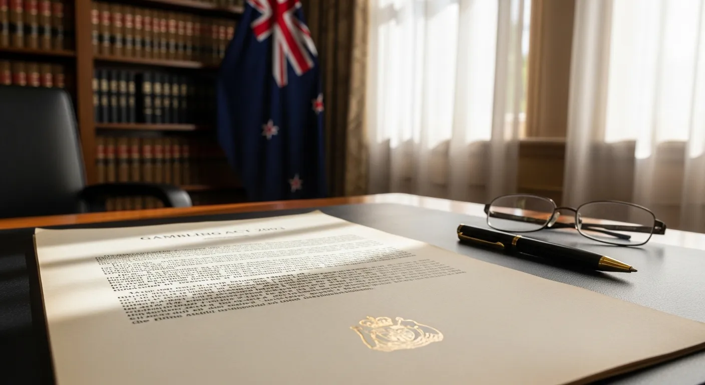 Official Gambling Act 2003 document on a desk in a New Zealand government office.