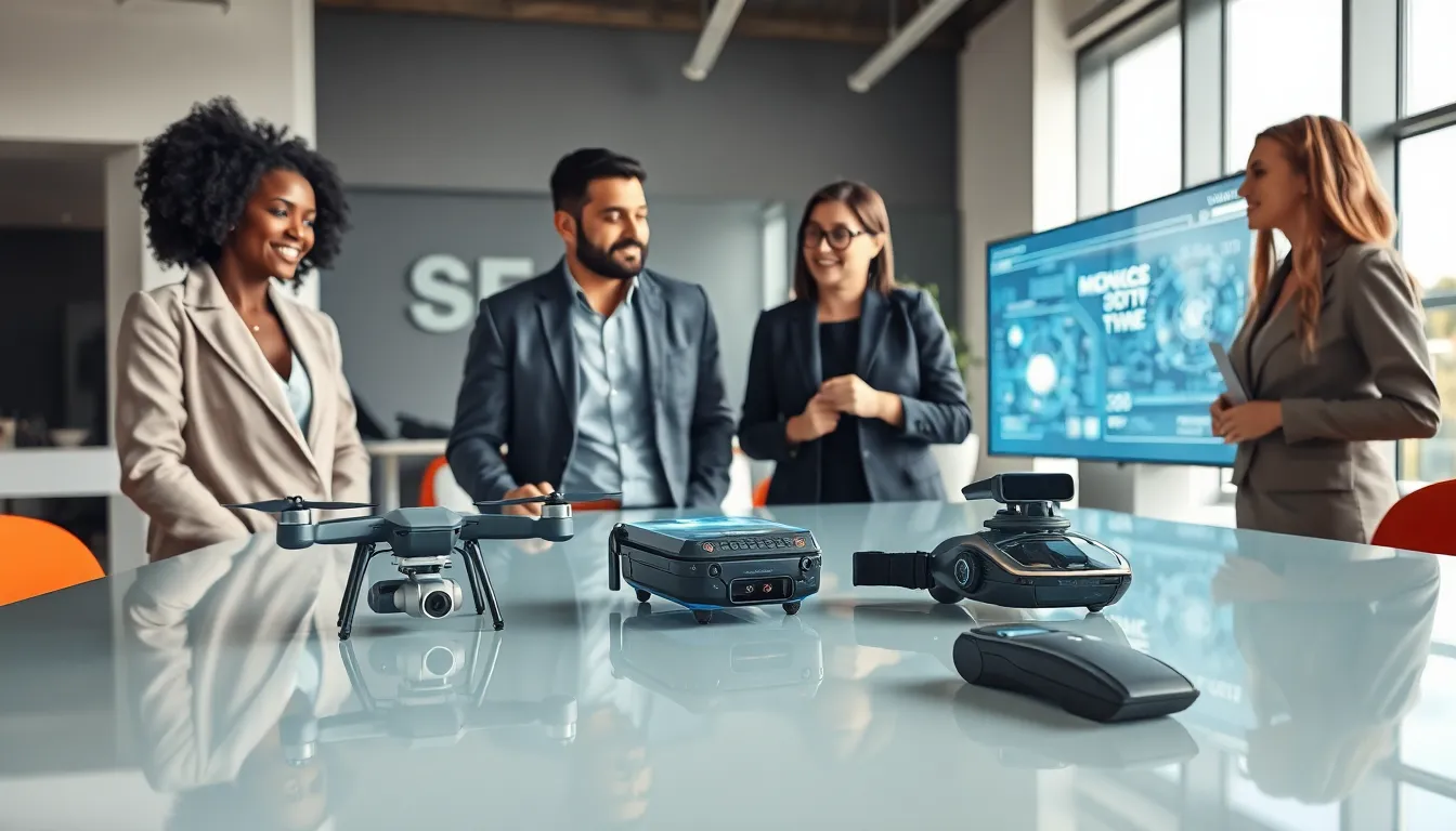 professionals discussing advanced superhero gadgets in a modern office.