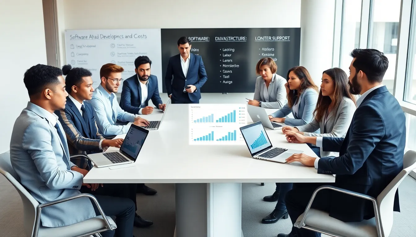 diverse team discussing software development costs in a modern office.