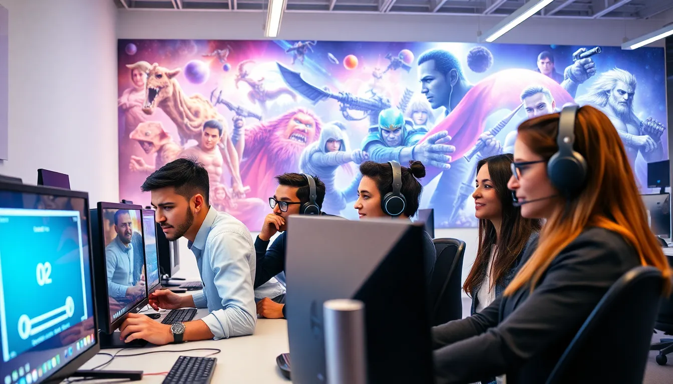 diverse group of gamers engaged in a modern PC gaming workspace.