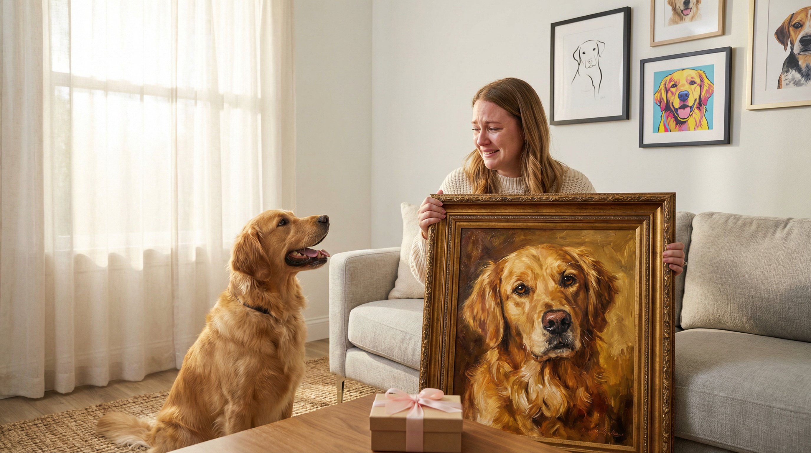 Woman holding a custom framed dog portrait as a Mother's Day gift.