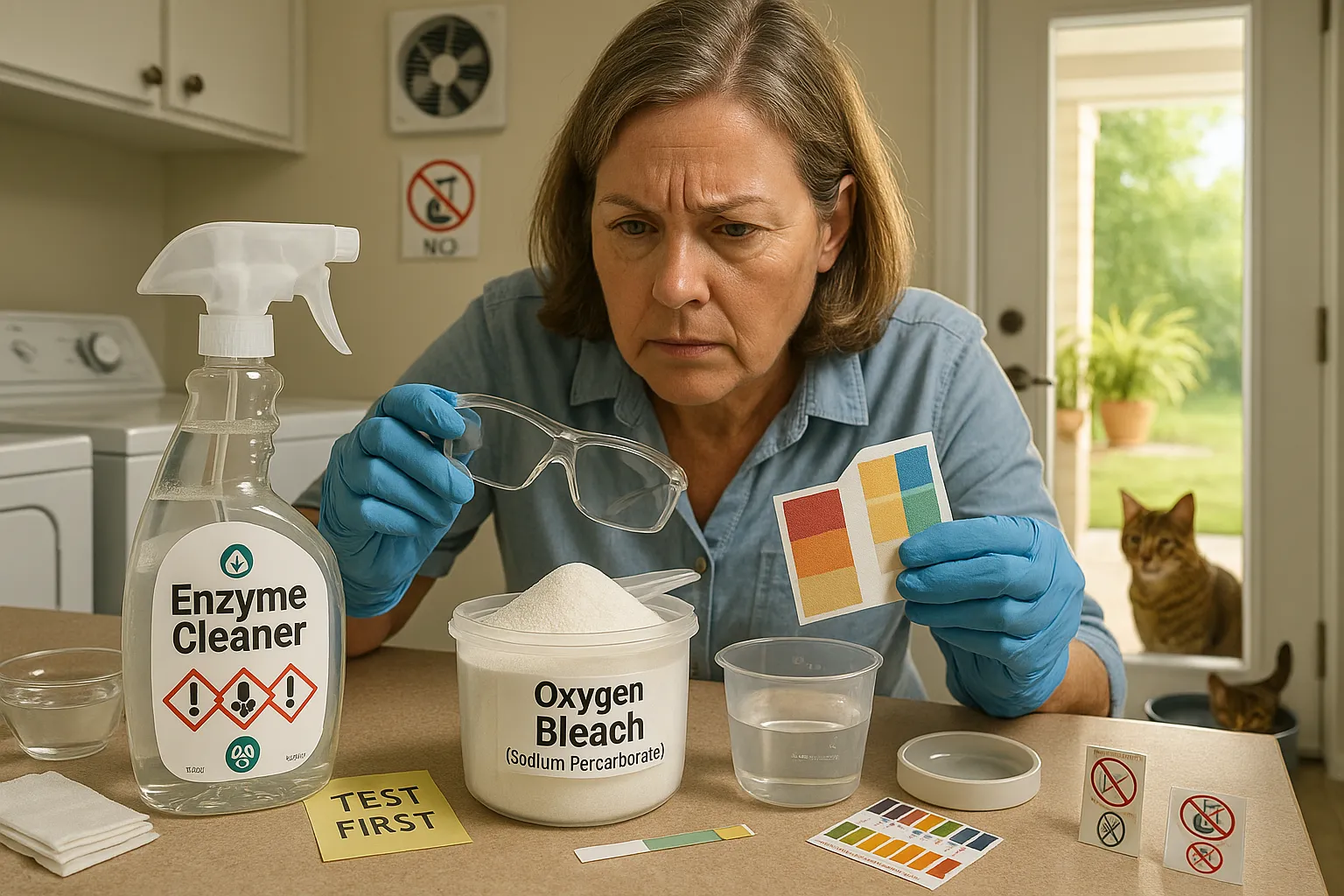 Person testing enzyme cleaner and oxygen bleach on fabric with gloves and cat nearby.