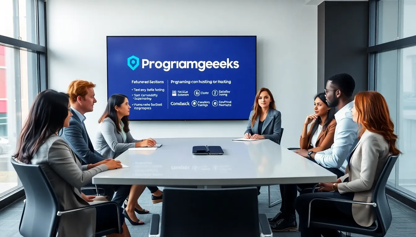 diverse professionals discussing Programgeeks Hosting features in a modern office.