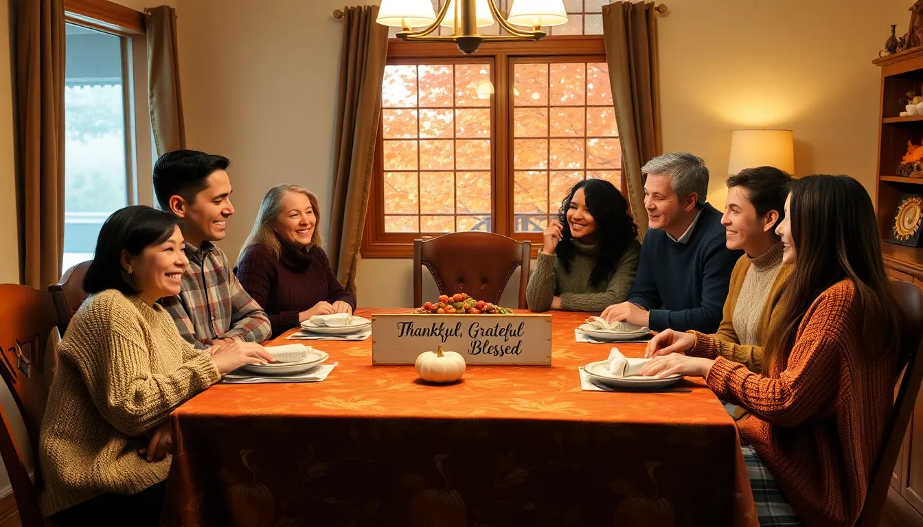 family expressing gratitude around a Thanksgiving dinner table.