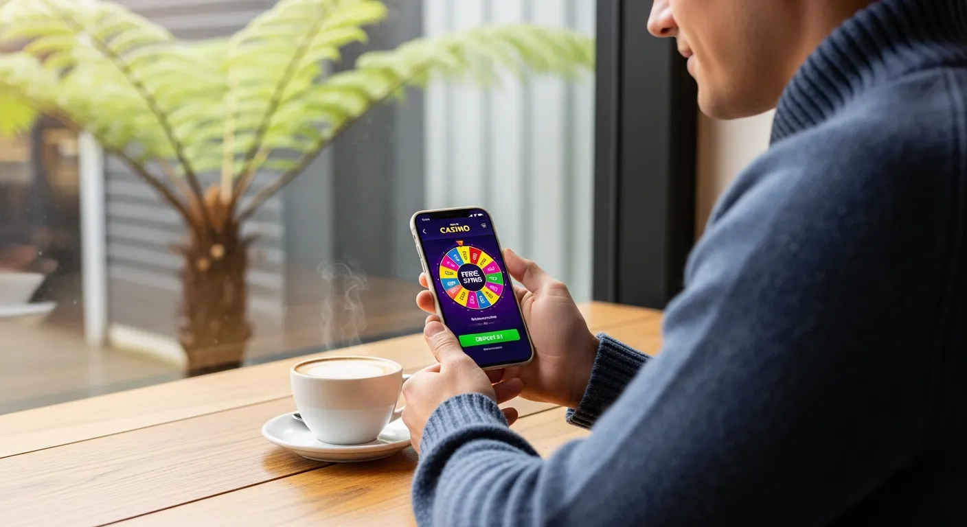 A person in a New Zealand cafe using a smartphone to make a one-dollar casino deposit.