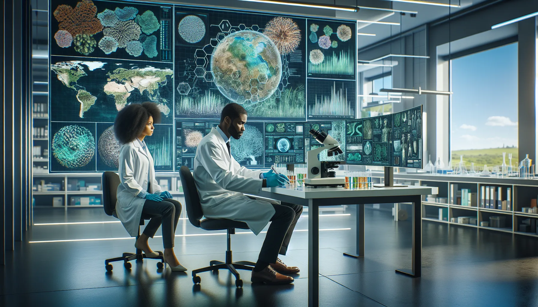 diverse scientists researching conservation genetics in a modern lab.