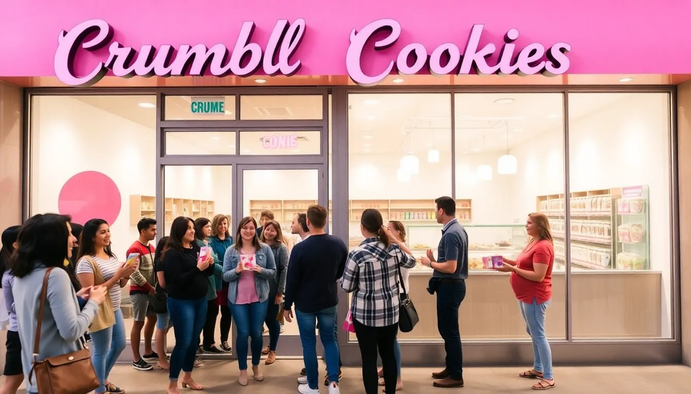 a diverse group enjoying Crumbl Cookies outside a modern storefront.