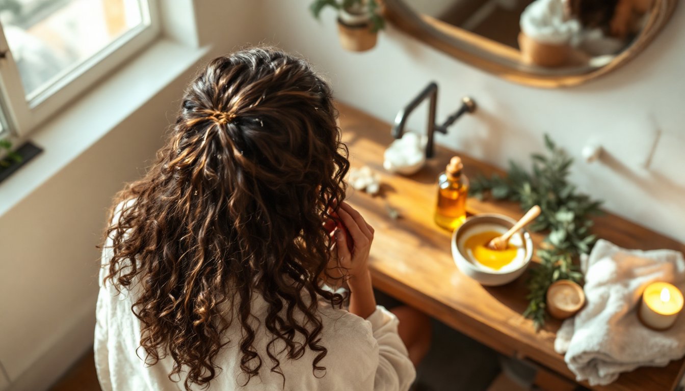 Woman massaging warm oil into long shiny hair during a weekly deep-conditioning ritual.