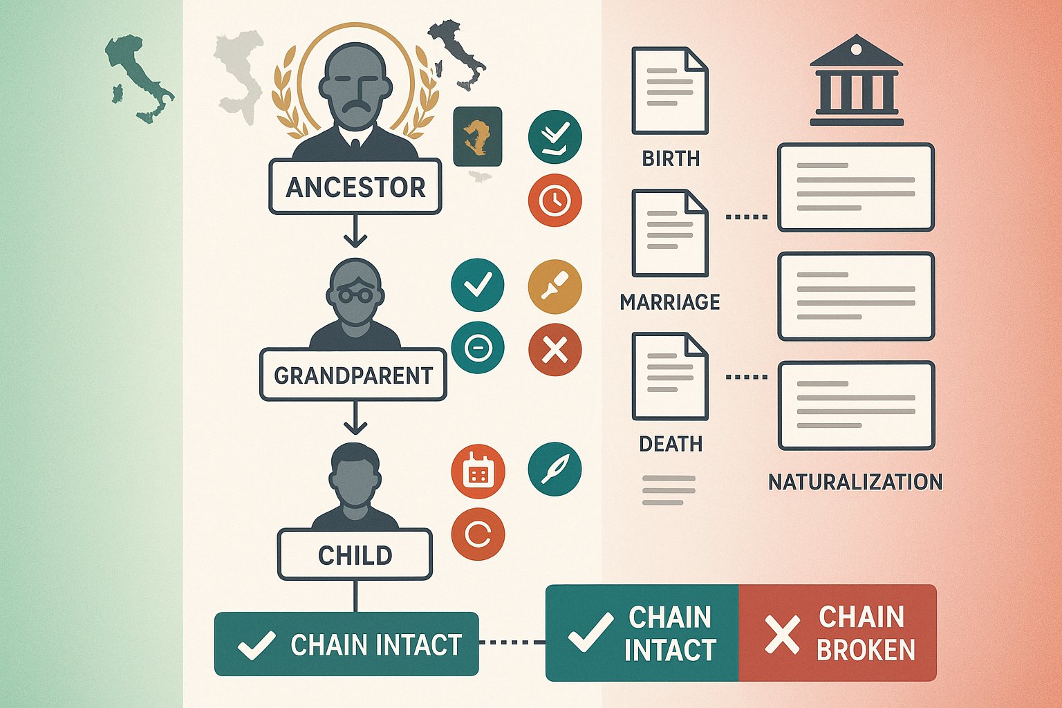 Diagramma di flusso che mostra la catena generazionale e la checklist dei documenti per la cittadinanza italiana per discendenza.