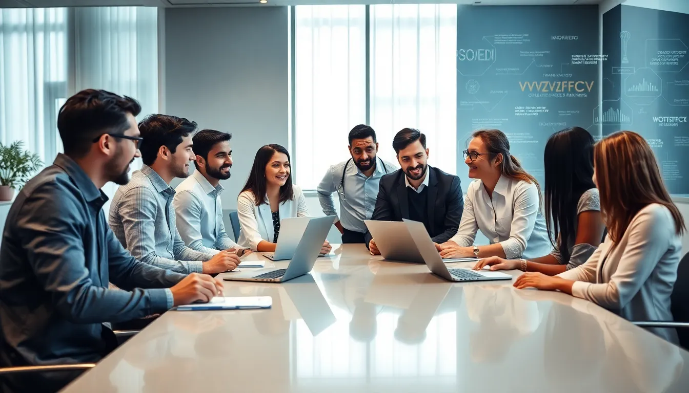 diverse professionals discussing concepts in a modern conference room.