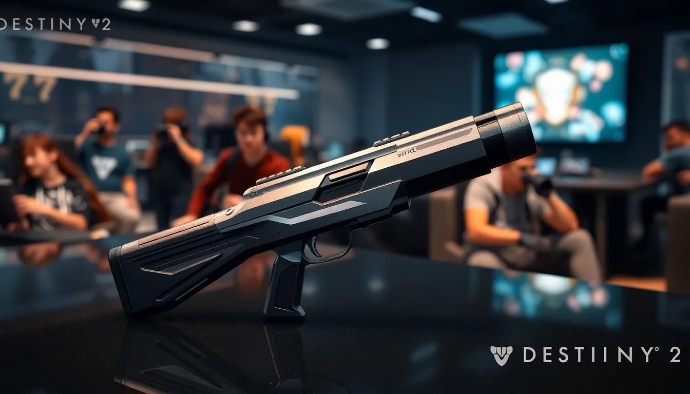 Luna's Howl hand cannon displayed in a high-tech gaming environment.