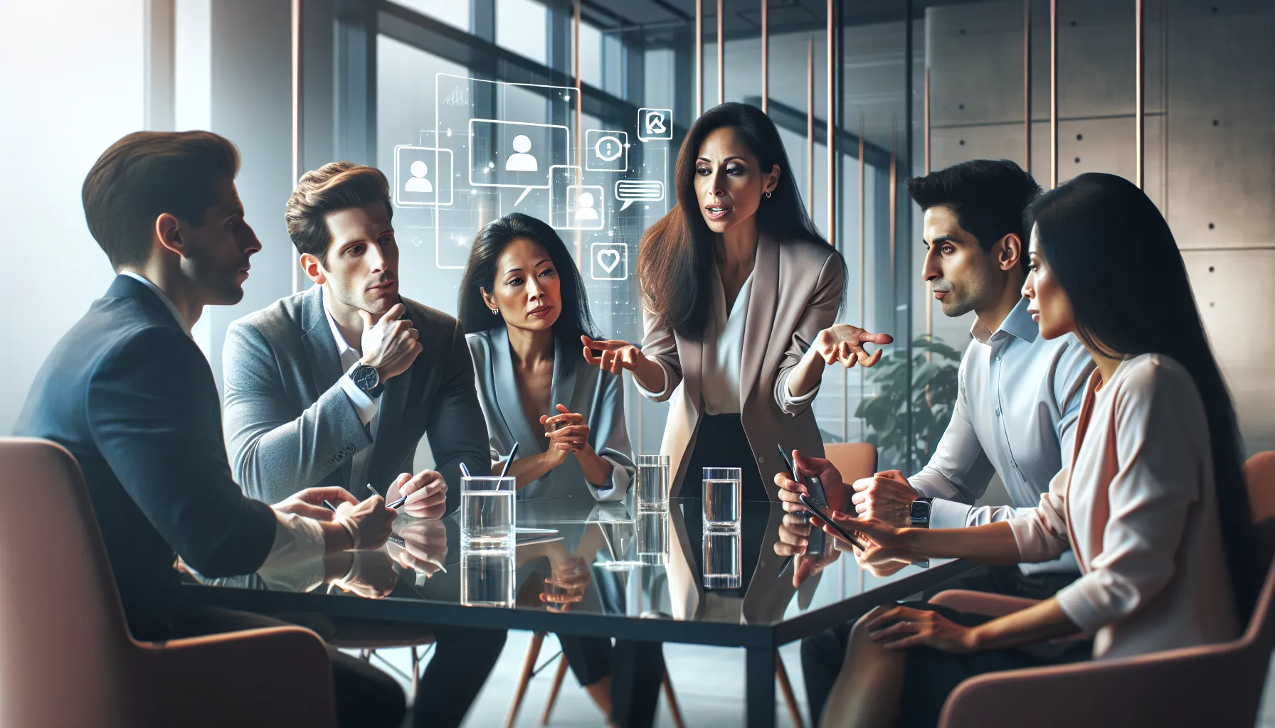 diverse team discussing digital relationship boundaries in an office setting.