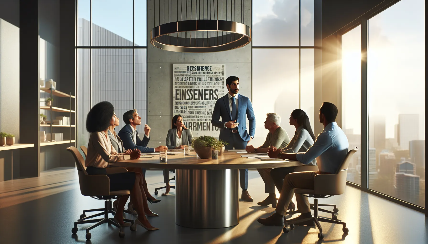 diverse professionals discussing success stories in a modern office.