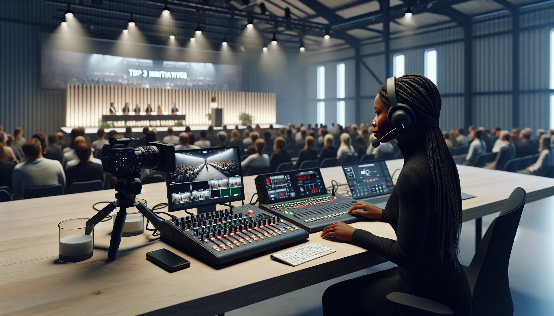 Av technician in norway running cameras, audio, and interactivity for a hybrid kickoff.