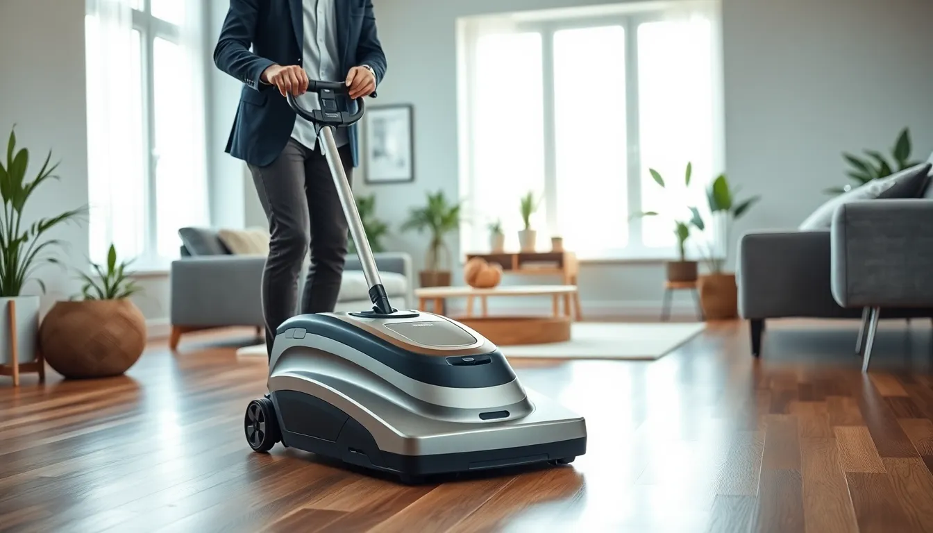 a person using a modern floor cleaning machine in a stylish living room.