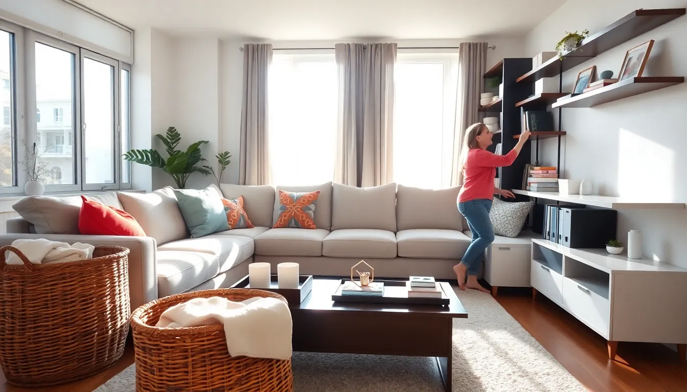 a woman organizing a modern living room with stylish storage solutions.