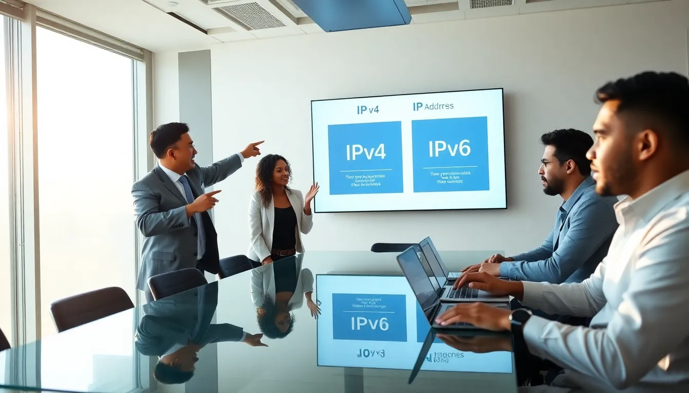 diverse team discussing IP address concepts in a modern office.