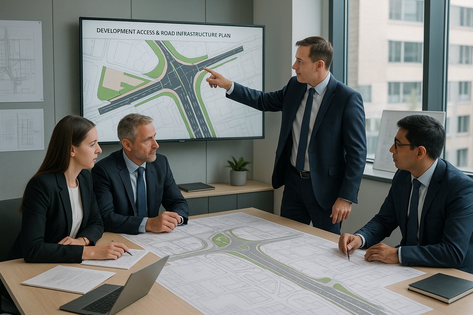 Highways consultants reviewing UK road and site access plans in an office.