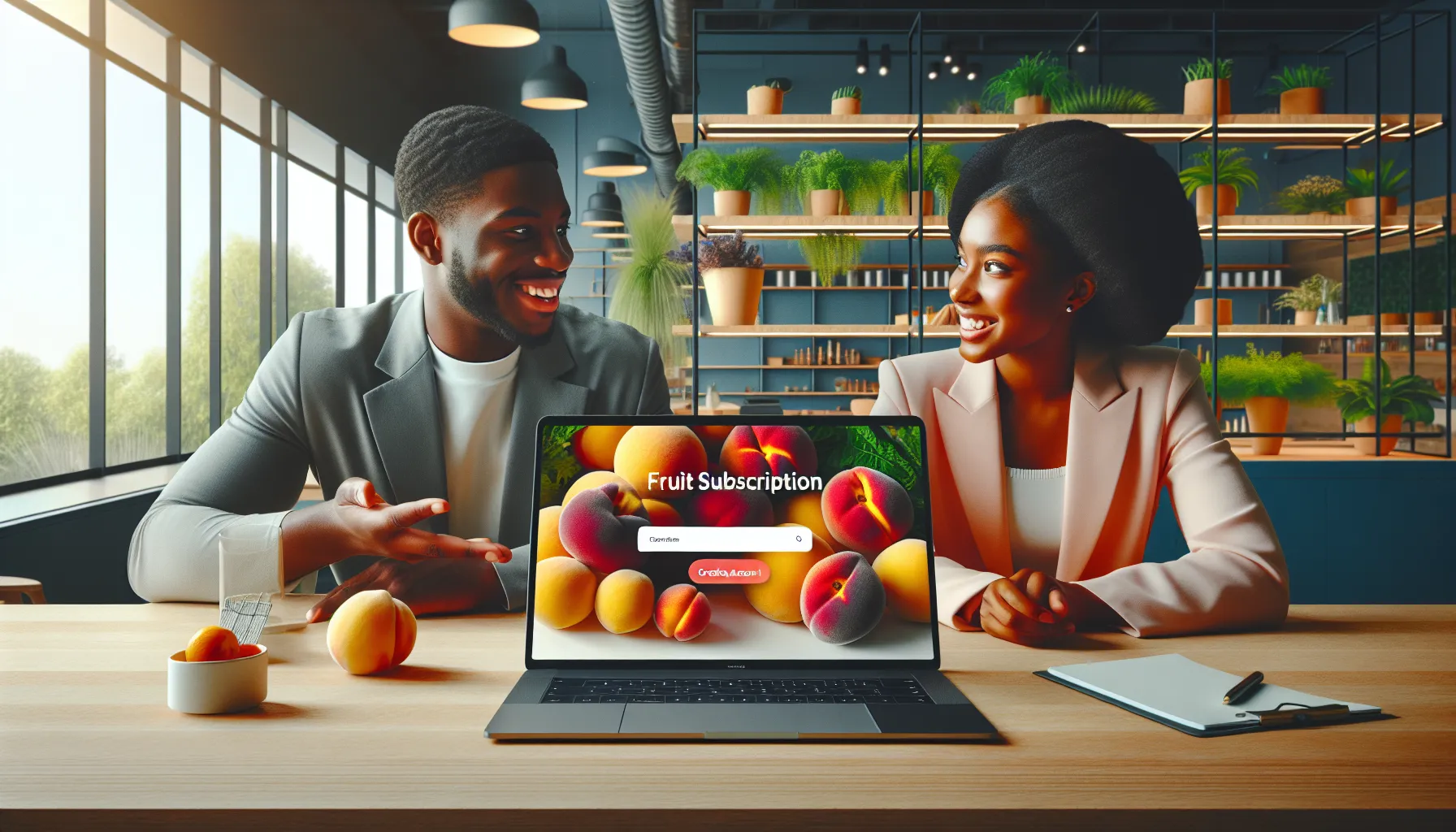 professionals discussing peach subscription service on a laptop.