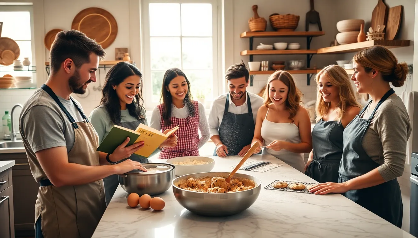 diverse bakers collaborating in a warm, modern kitchen.