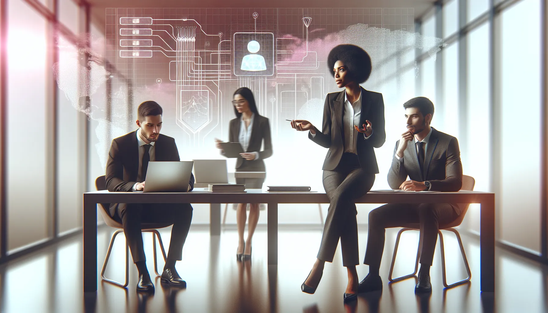 diverse team discussing IP addresses in a modern office.