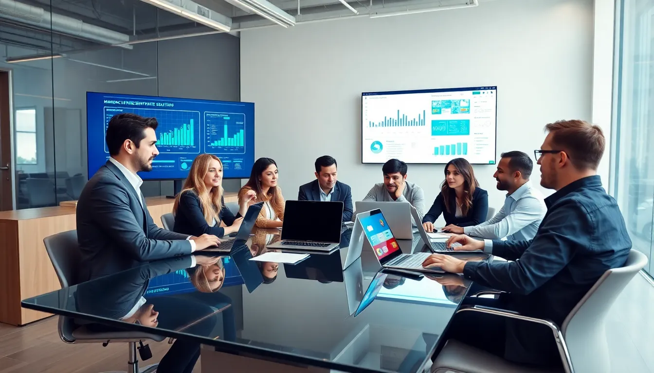 diverse team in a modern office discussing manufacturing software solutions.