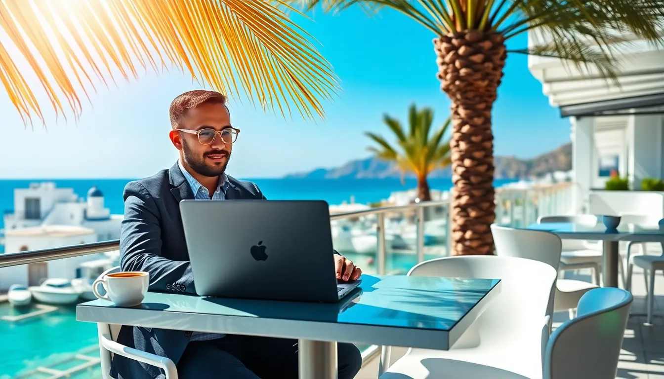 A remote worker at a café in Greece with a laptop and beautiful views.