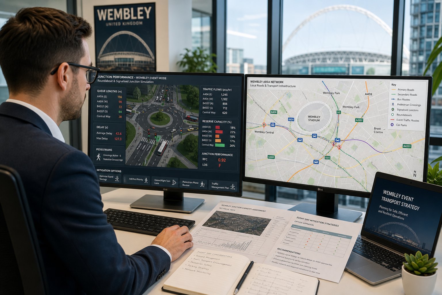 Traffic engineer reviewing junction modelling data in a modern Wembley office.