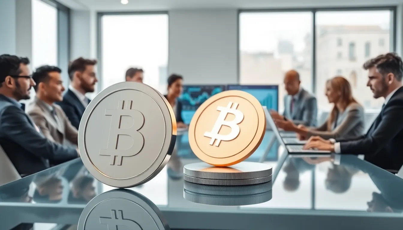 digital representation of Bitclassic Coin with diverse professionals in a modern office.