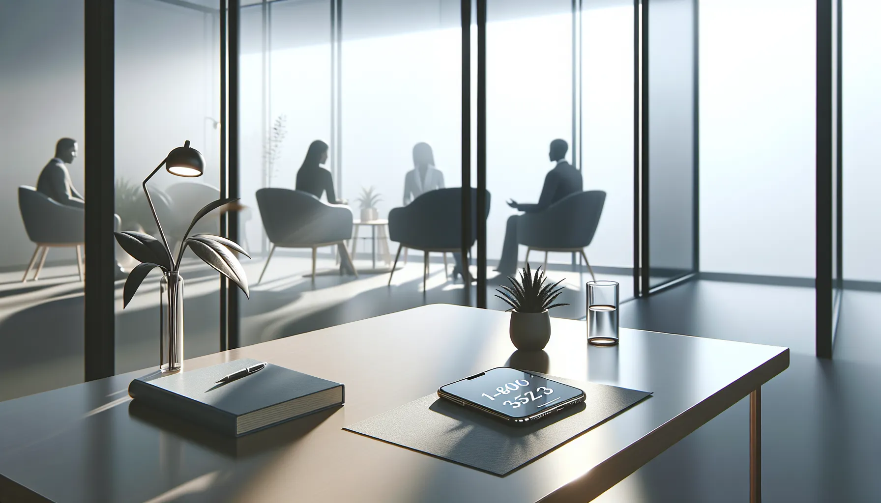 modern office with support helpline number on a smartphone.