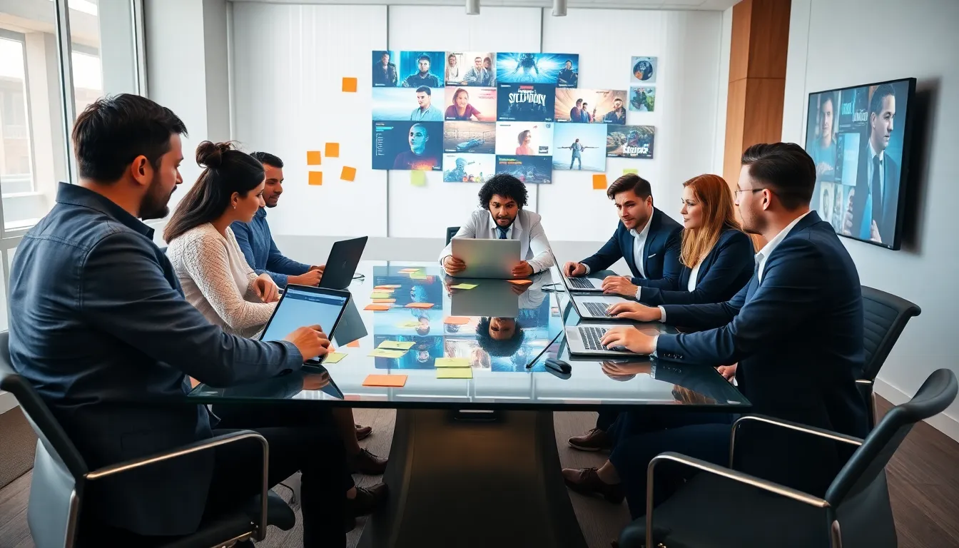 diverse professionals collaborating in a modern office on entertainment content.